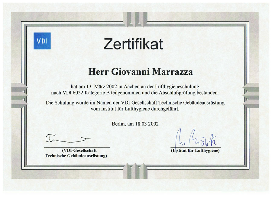 VDI 6022 Zertifikat Lufthygiene – Giovanni Marrazza