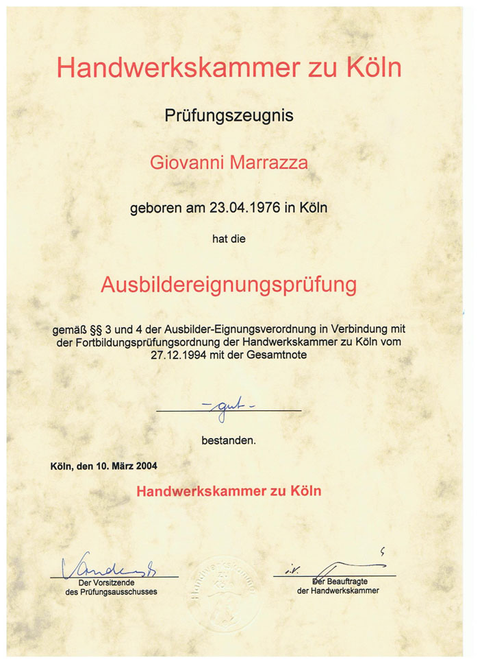 Prüfungszeugnis Ausbildereignung – Handwerkskammer zu Köln