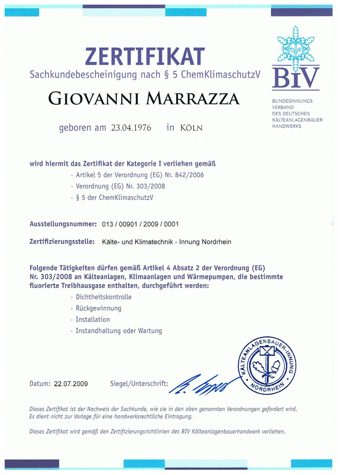 Zertifikat – Giovanni Marrazza