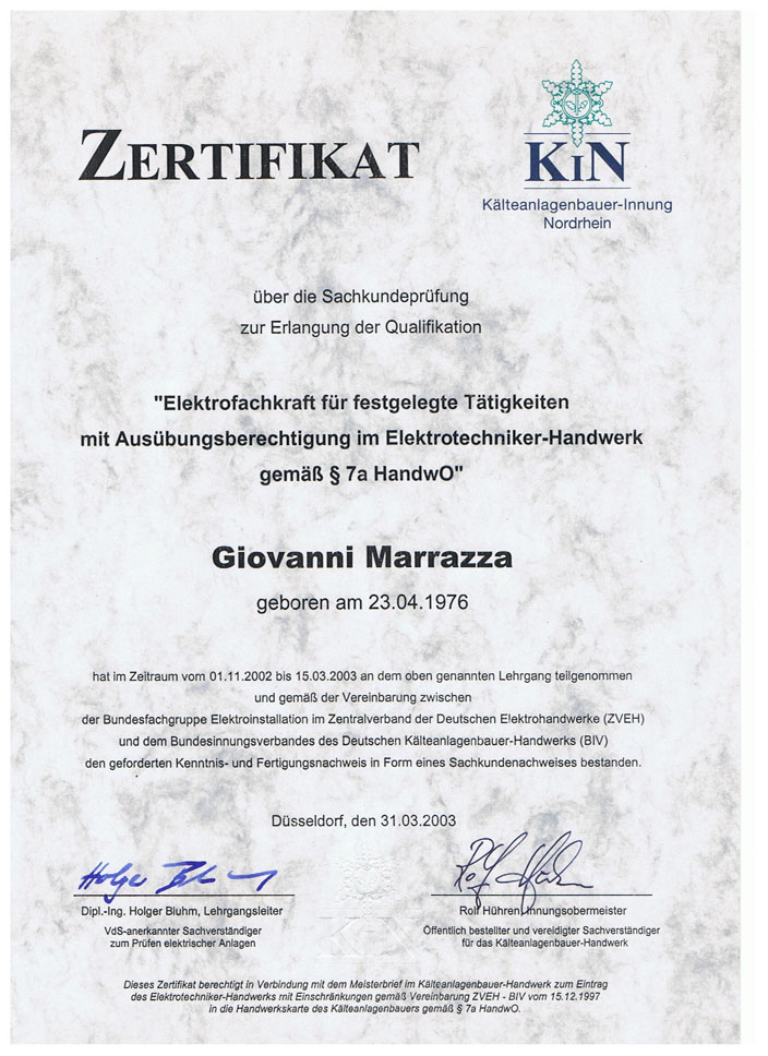 Zertifikat – Giovanni Marrazza